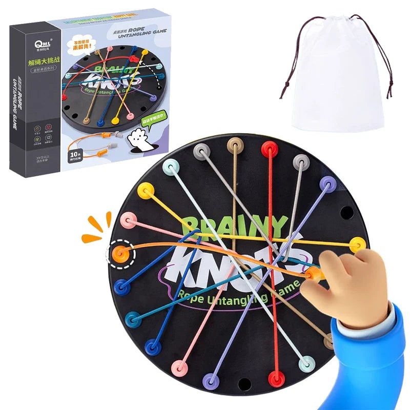 Round rope puzzle board with colorful cords, a drawstring bag, and retail box