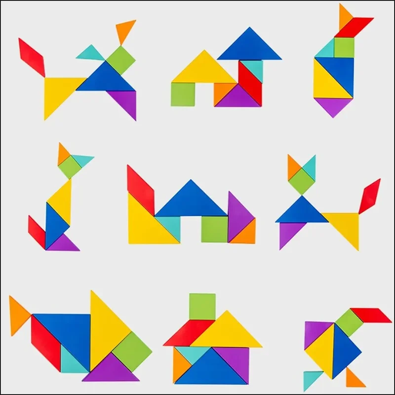 Colorful tangram arrangements forming birds, houses, and other figures
