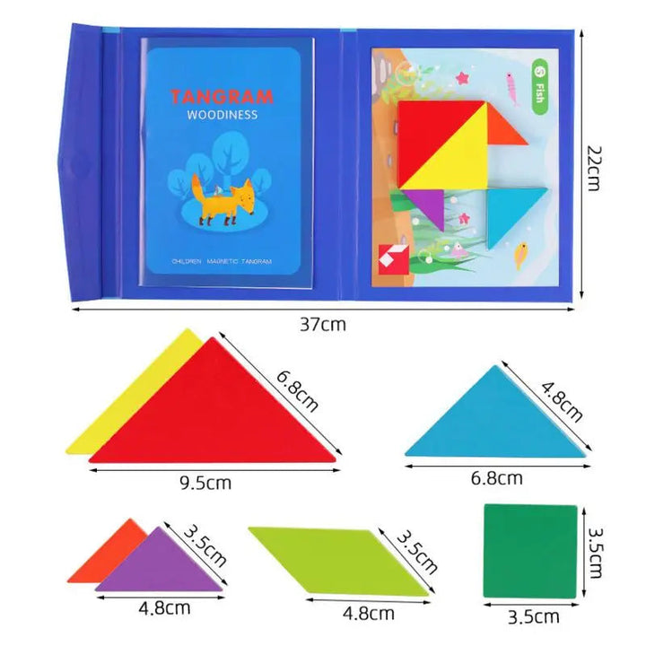 Tangram measurement chart showing a 37 by 22 cm open booklet and individual piece dimensions