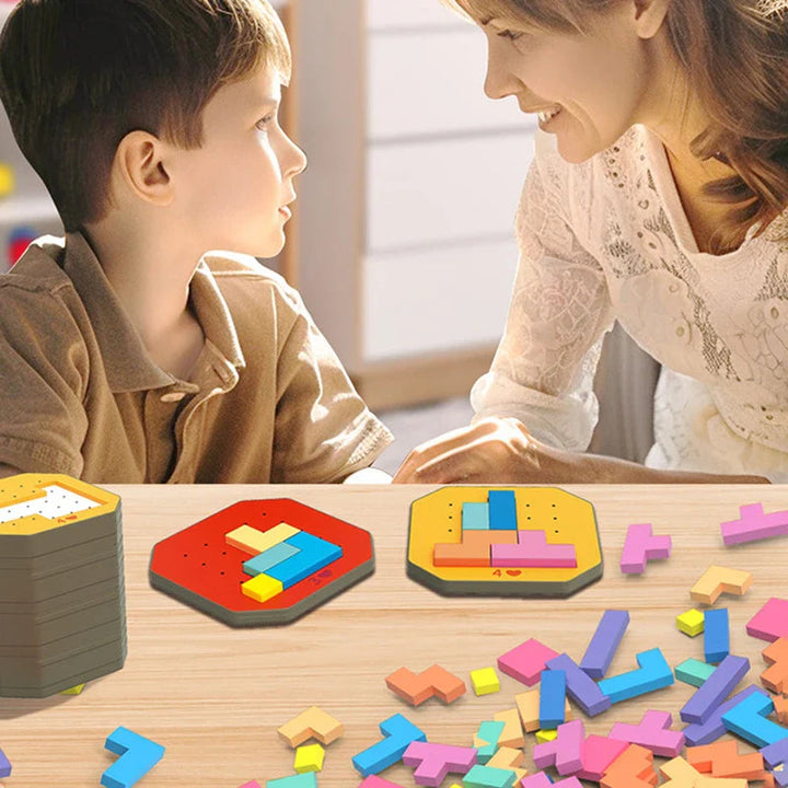 Child and adult exploring colorful shape puzzles together at a table