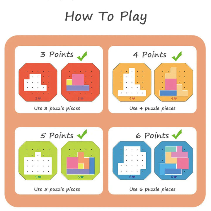 Tangram play guide showing puzzles filled with three, four, five, and six pieces