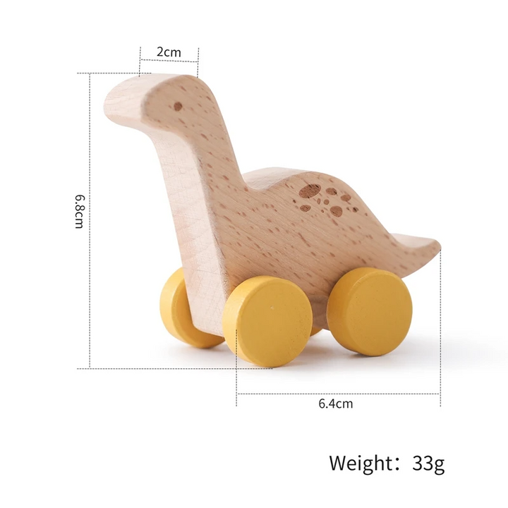 Tanystropheus wooden toy car with yellow wheels and a measurement diagram