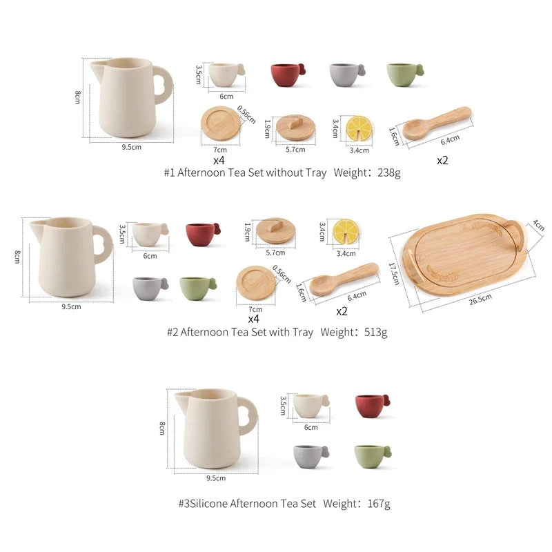 Tea set component chart showing measurements, weights, and versions with and without a tray