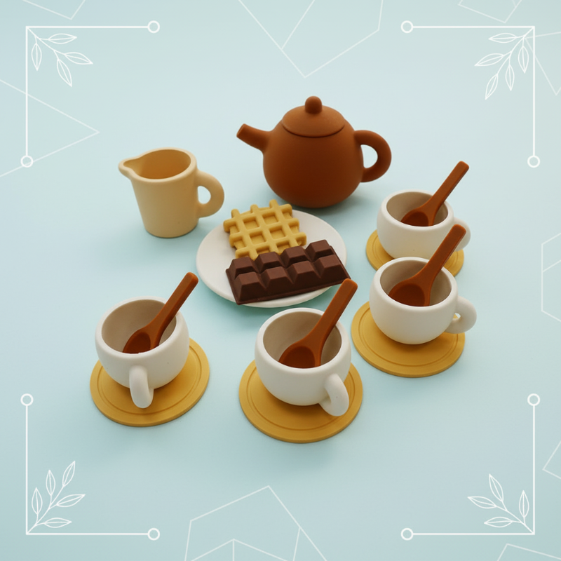 Tea Set option with a teapot, pitcher, four cups and saucers, spoons, and pretend treats