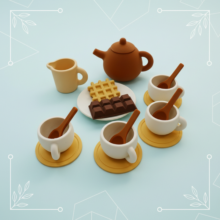 Tea Set option with a teapot, pitcher, four cups and saucers, spoons, and pretend treats