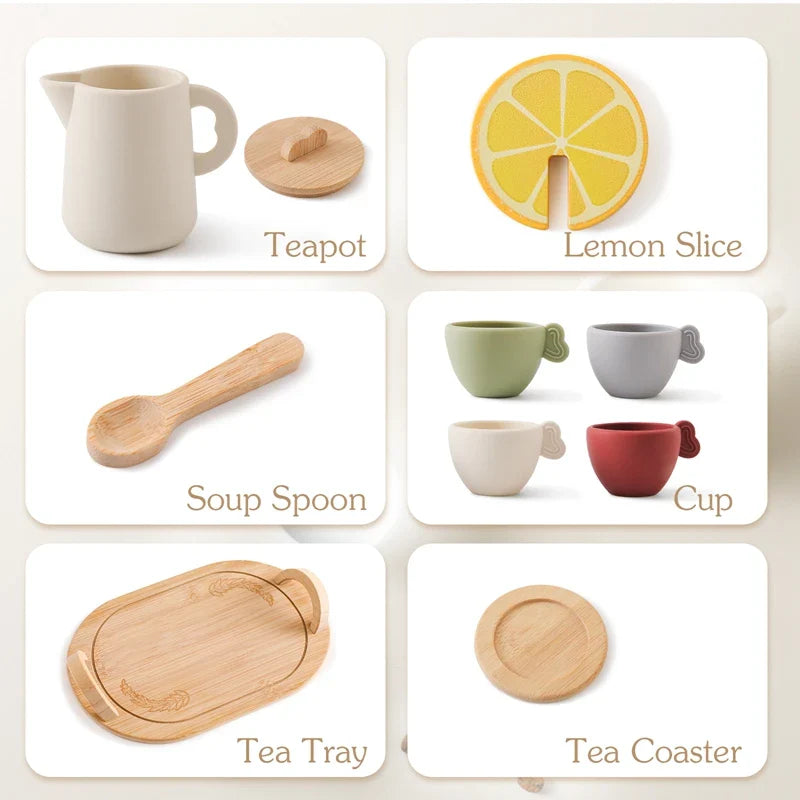 Teapot, toy lemon slice, wooden spoon, cups, tray, and saucer shown separately