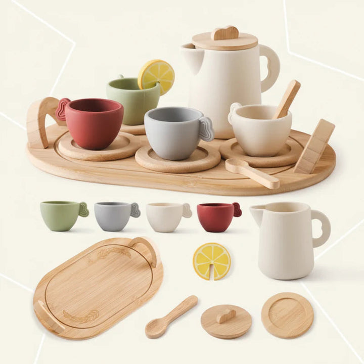 Pretend tea set arranged on a wooden tray with individual cups and accessories shown below