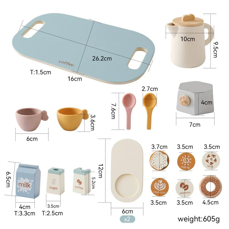 Measurement chart for a toy tea set with a 26.2 by 16 cm tray and individual piece dimensions