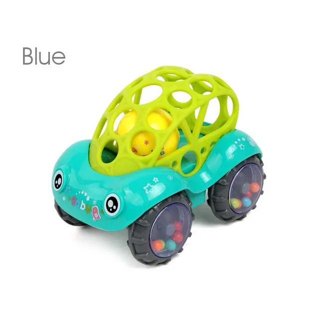 Teal toy car with a lime-green lattice top and colorful beads visible inside the wheels