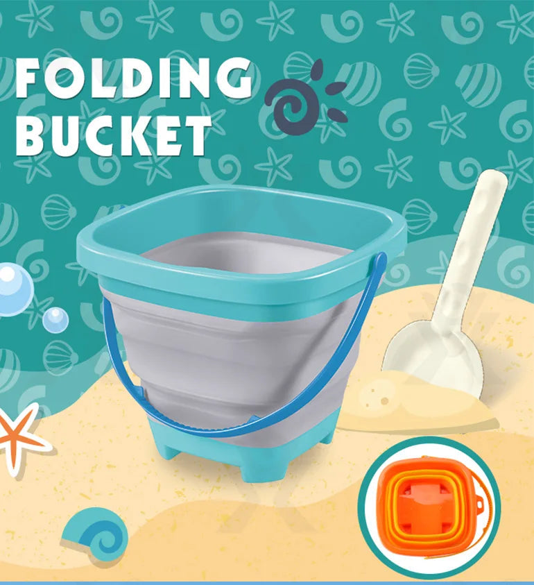 Expanded teal and gray bucket with a blue handle and cream shovel, plus an inset of a folded bucket.