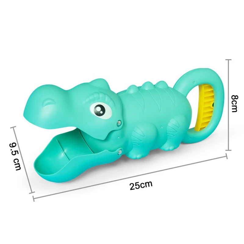 Teal dinosaur-shaped sand grabber measuring 25 x 8 x 9.5 cm