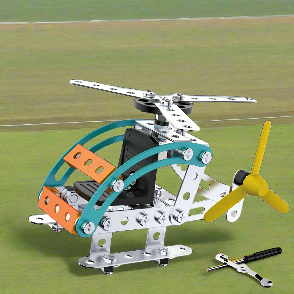 Teal and silver helicopter building model with landing skids, shown beside a screwdriver and wrench
