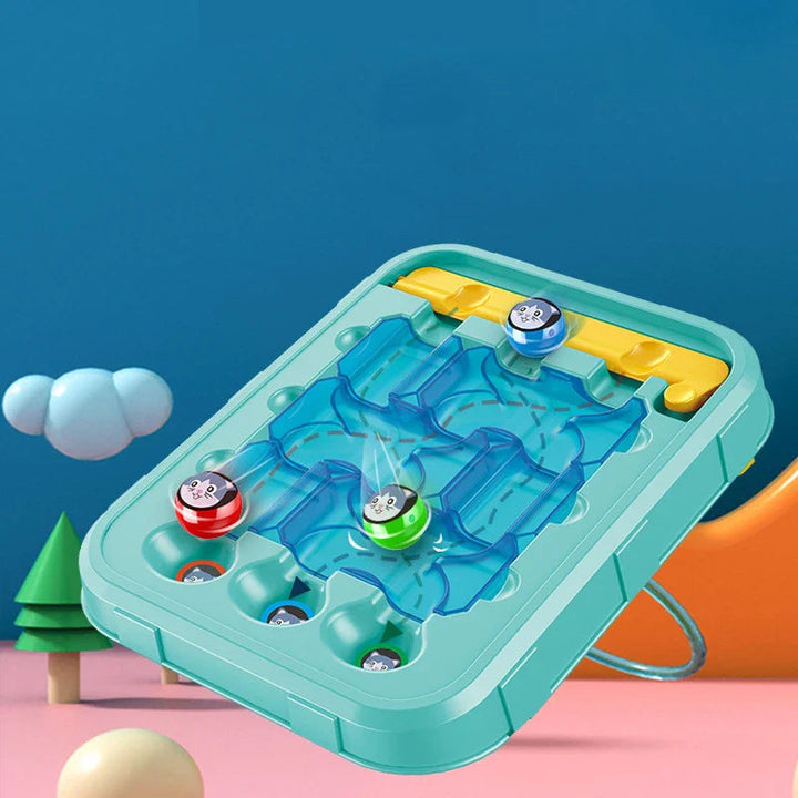 Teal maze puzzle board with blue path tiles and red, blue, and green cat pieces