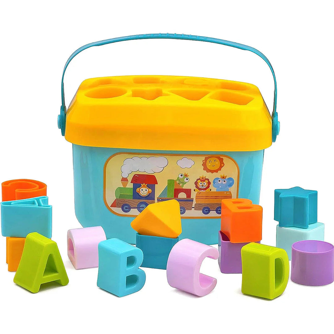 Teal shape sorting bucket with a yellow lid, carry handle, and colorful letter and shape blocks