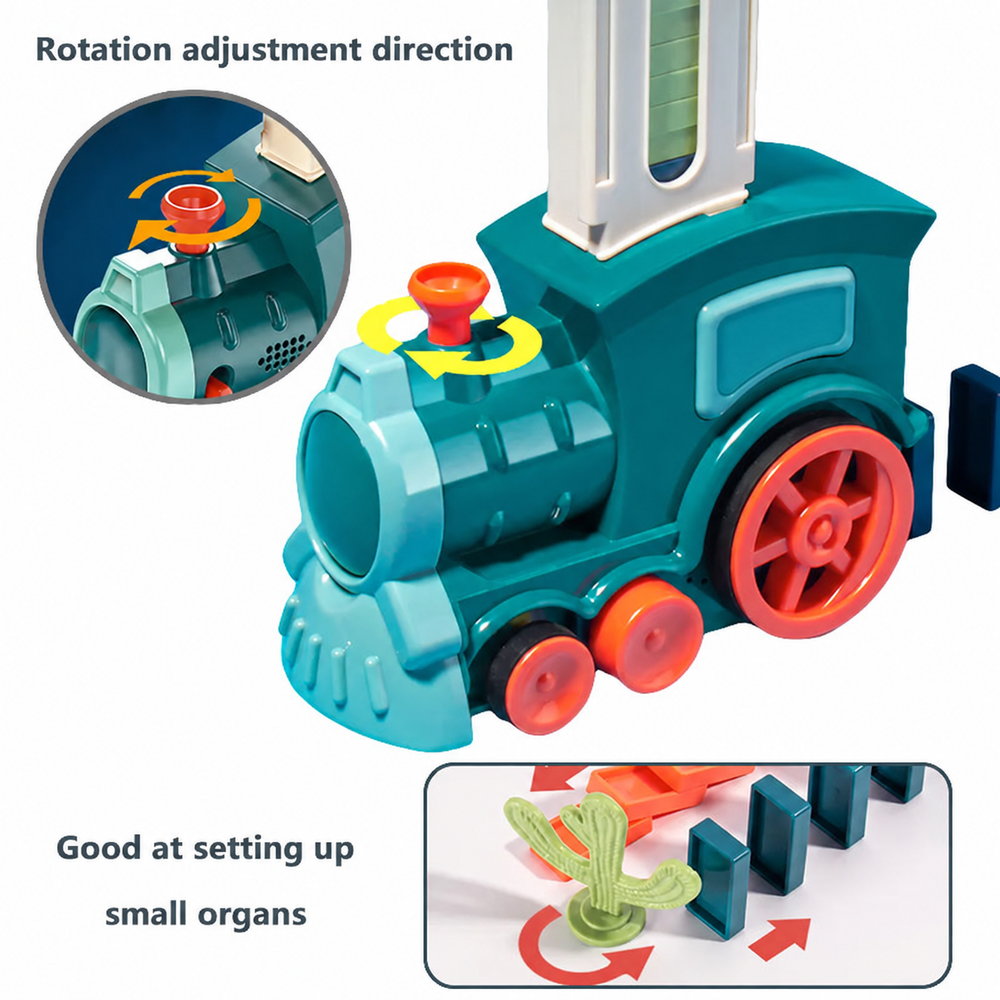 Teal domino-laying toy train with a direction control and a curved green domino accessory