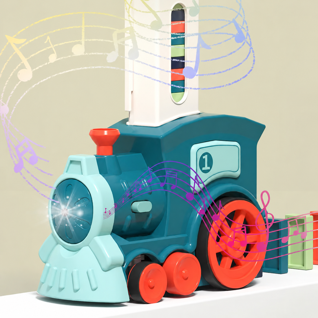 Teal toy train with a glowing front light and illustrated musical notes
