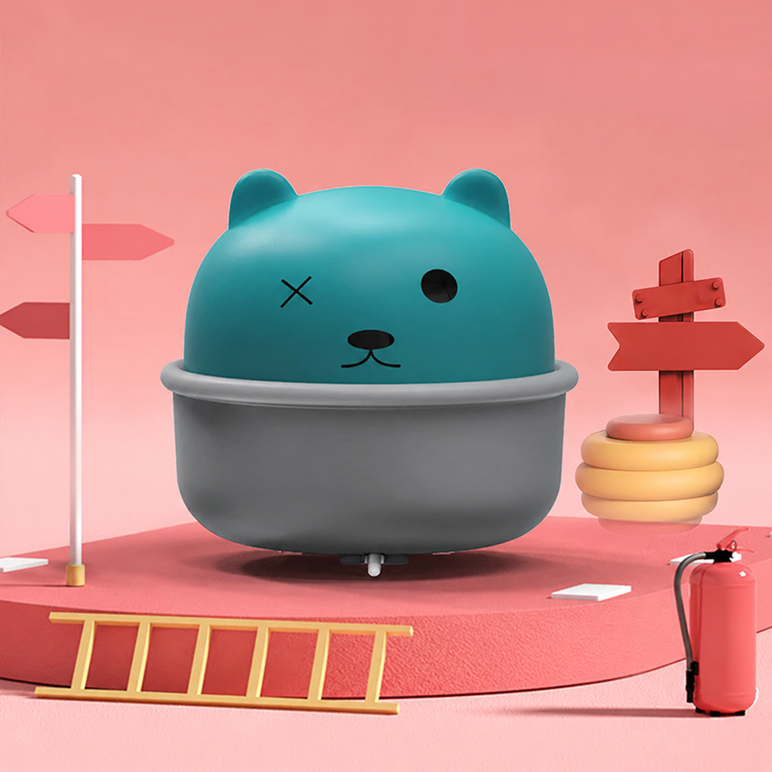 Teal animal toy car with a gray base and a winking face on a pink display