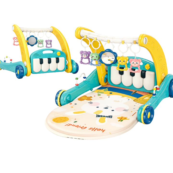 Teal and yellow musical gym and walker with animal rattles, piano keys, and a printed mat