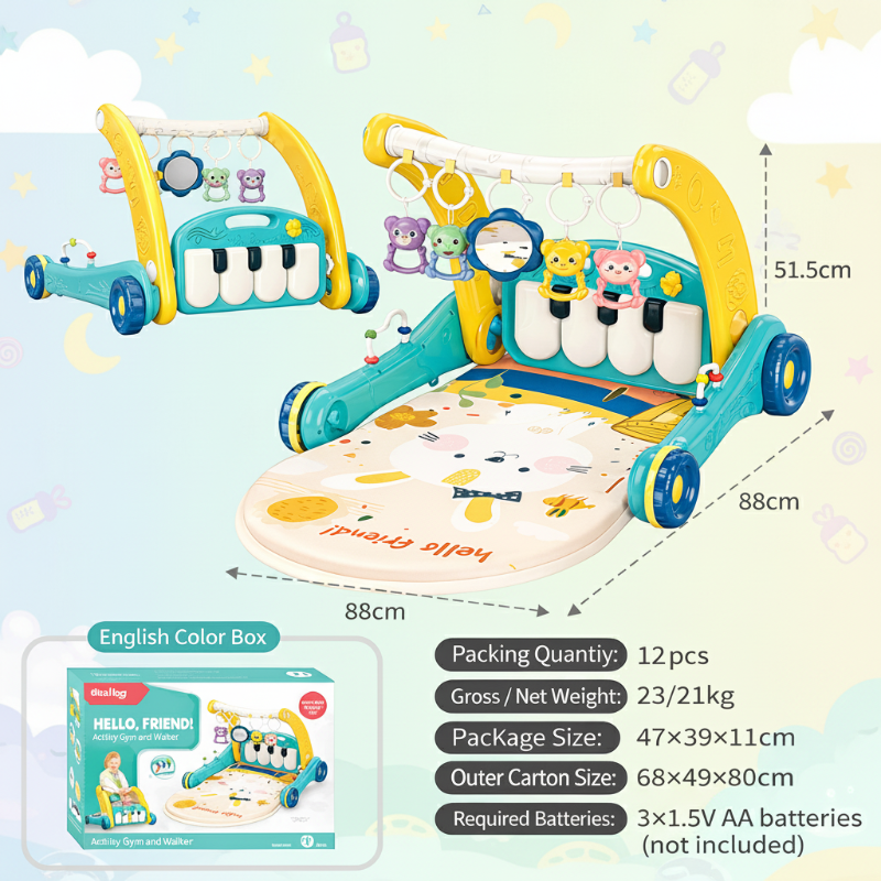 Teal and yellow piano gym with a printed mat, size measurements, and packaging details