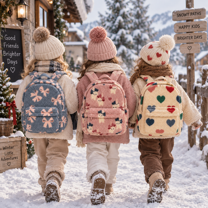 Three children wearing ribbon, cat and heart teddy backpacks on a snowy path