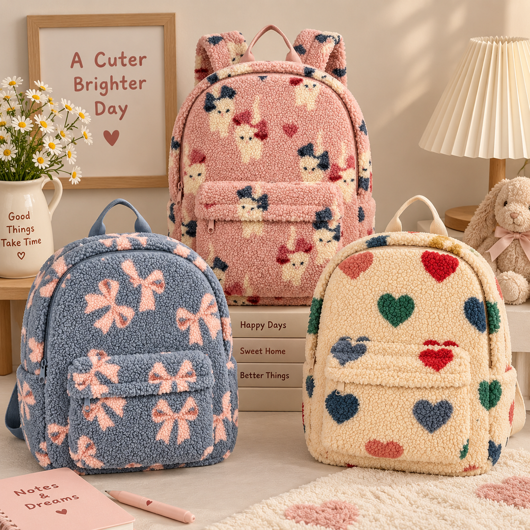 Blue ribbon, pink cat and beige heart teddy backpacks displayed together