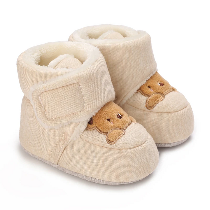 Teddy Bear baby shoes in beige with brown bear embroidery and wide fastening straps