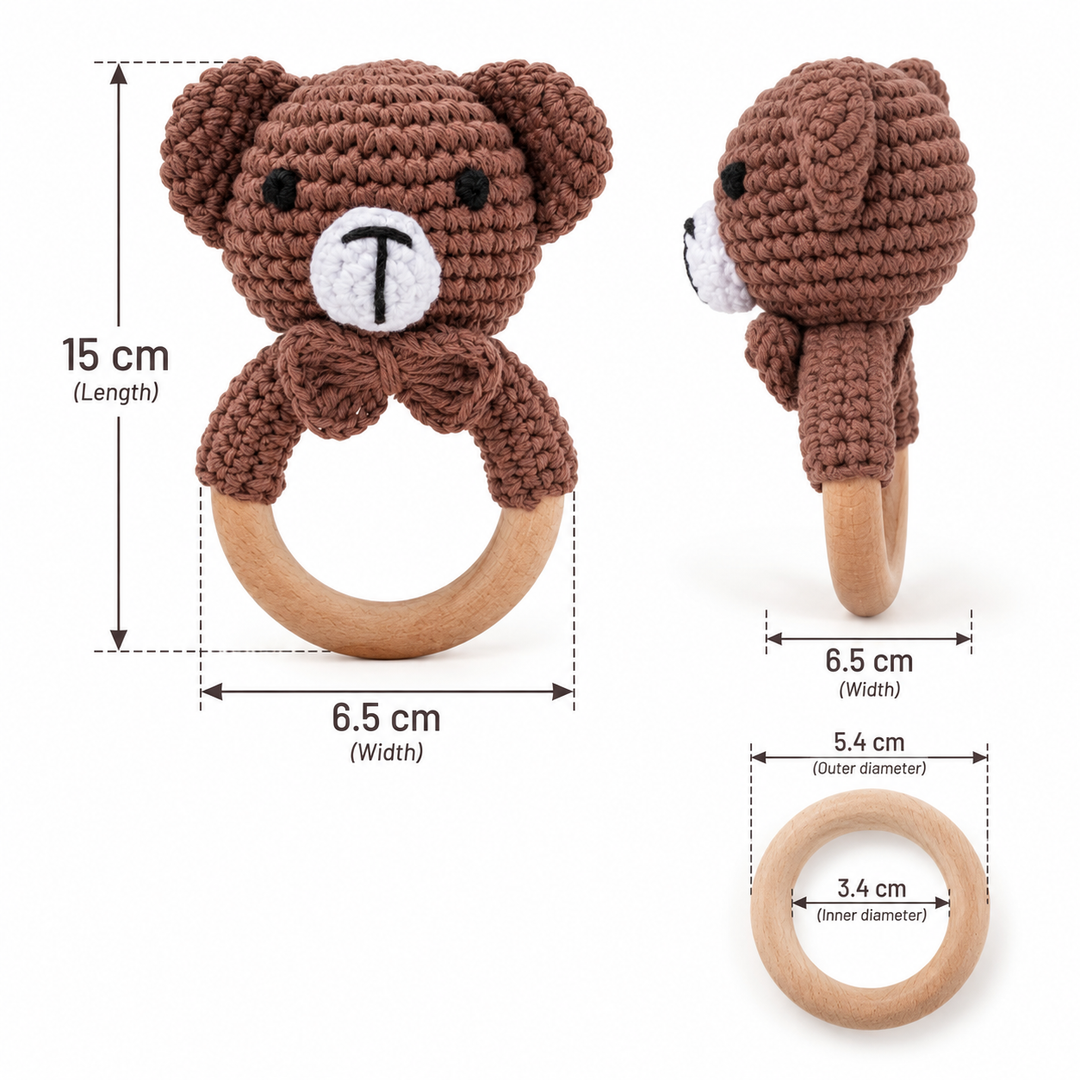 Measurement chart for the teddy bear rattle and its wooden ring