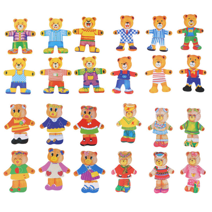 Colorful bear puzzle outfit combinations displayed in rows