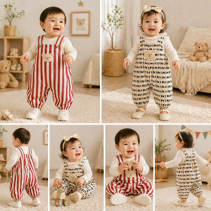 Collage showing children wearing both romper designs from the front and back