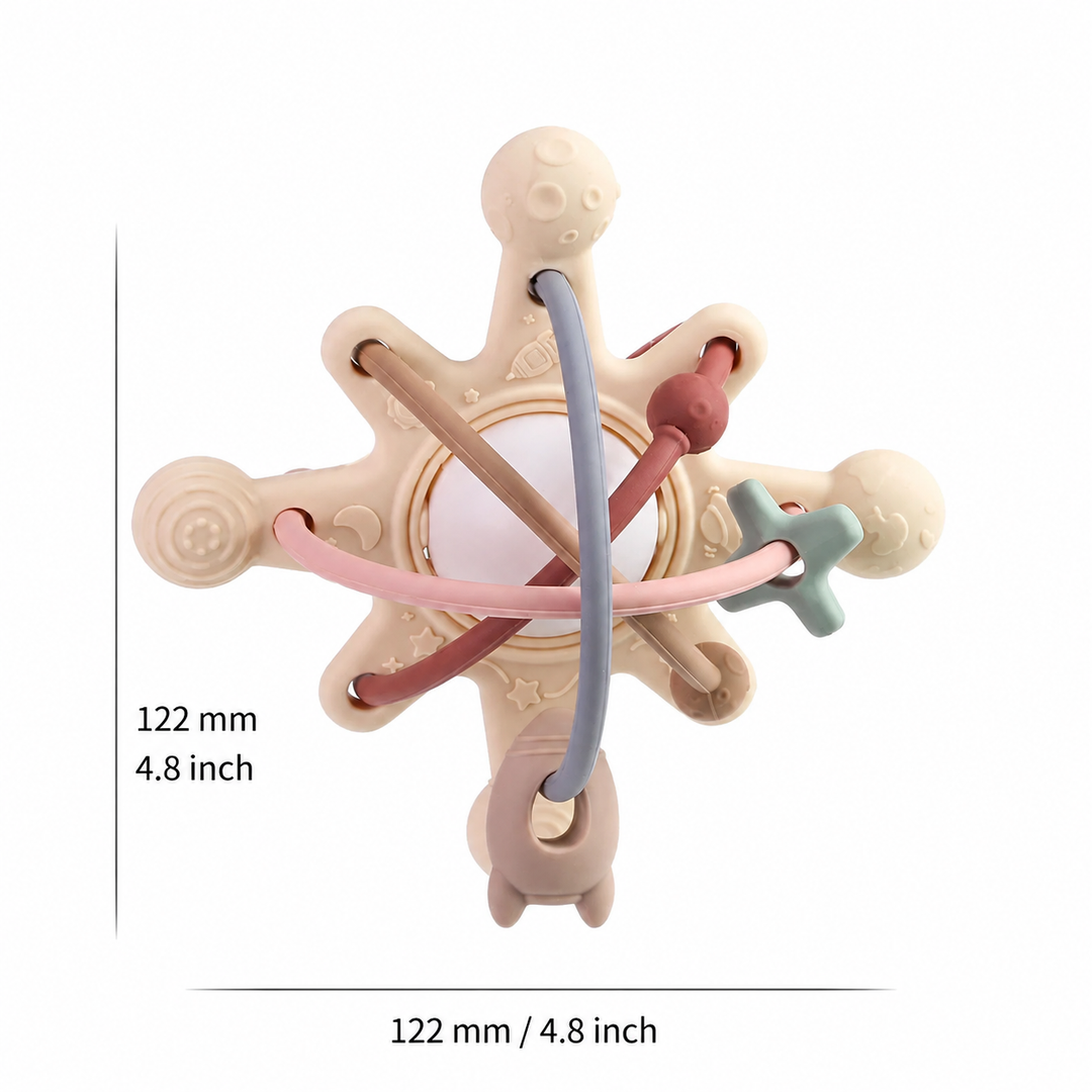 Silicone teething ball with width and height marked as 122 mm, or 4.8 inches