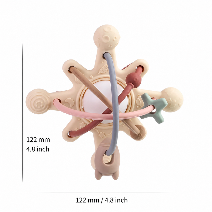 Silicone teething ball with width and height marked as 122 mm, or 4.8 inches