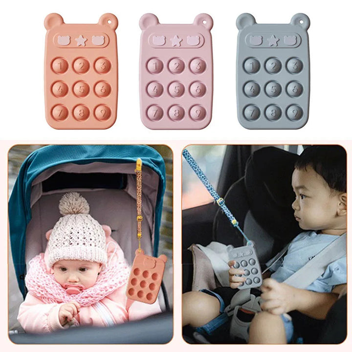 Blue, pink, and orange silicone phones with examples of stroller and car seat use