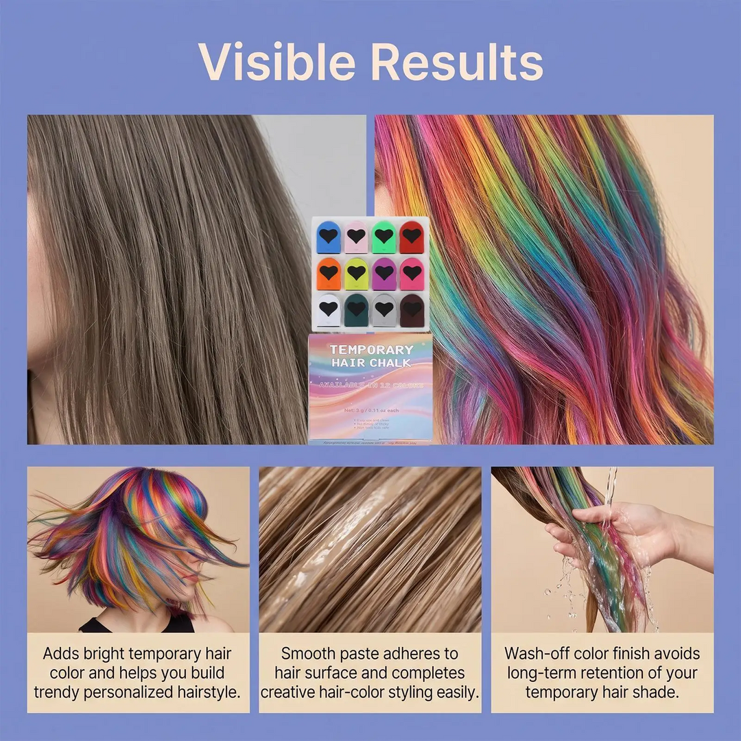 Hair chalk results showing brown hair, rainbow streaks, and multicolored ends