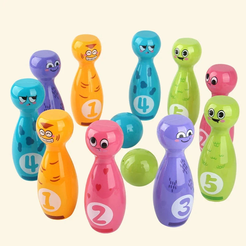Ten colorful bowling pins numbered 1 through 5 with two balls