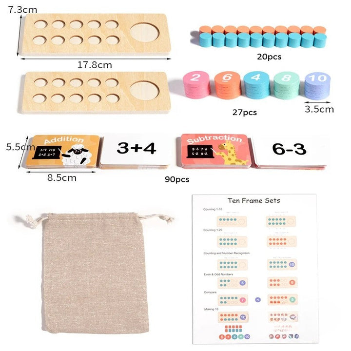 Math set contents with two ten-frame boards, 20 counters, 27 tiles, 90 cards, a drawstring bag, and guide