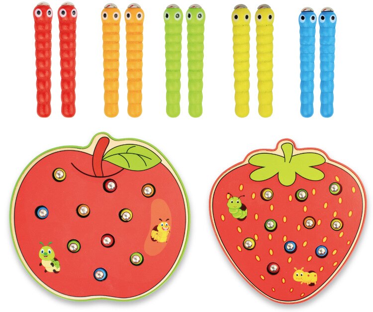 Ten colorful magnetic worms above apple and strawberry game bases