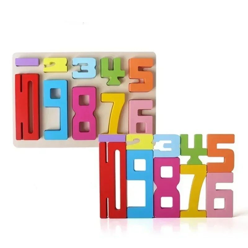 Ten colorful number pieces displayed in a wooden board and stacked beside it.