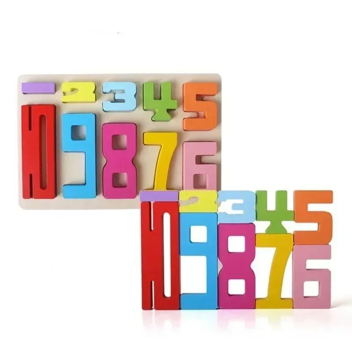 Ten colorful number pieces displayed in a wooden board and stacked beside it.