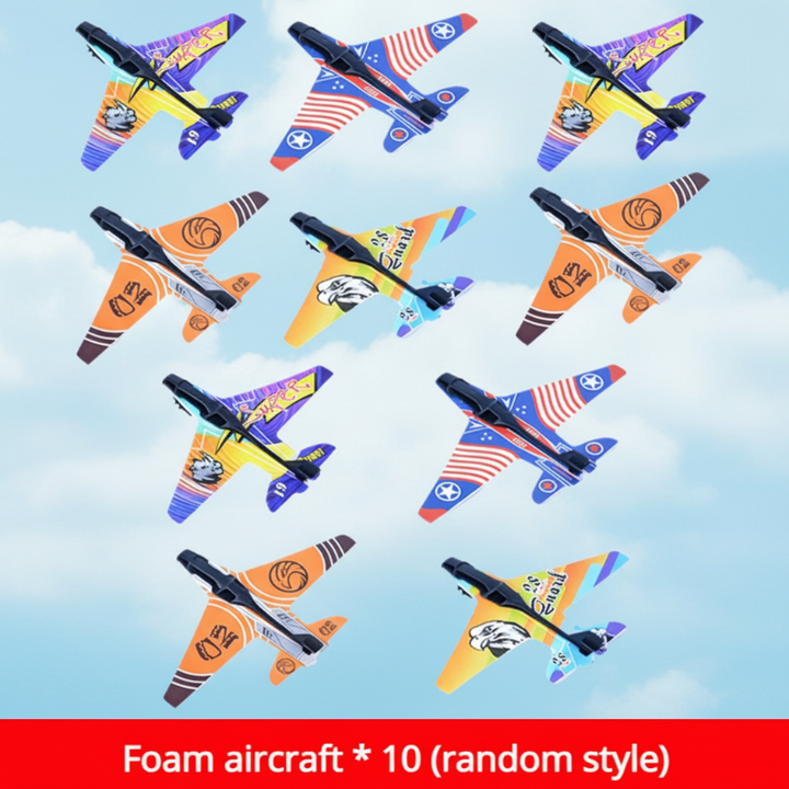 Ten-piece pack of colorful foam airplanes in assorted designs