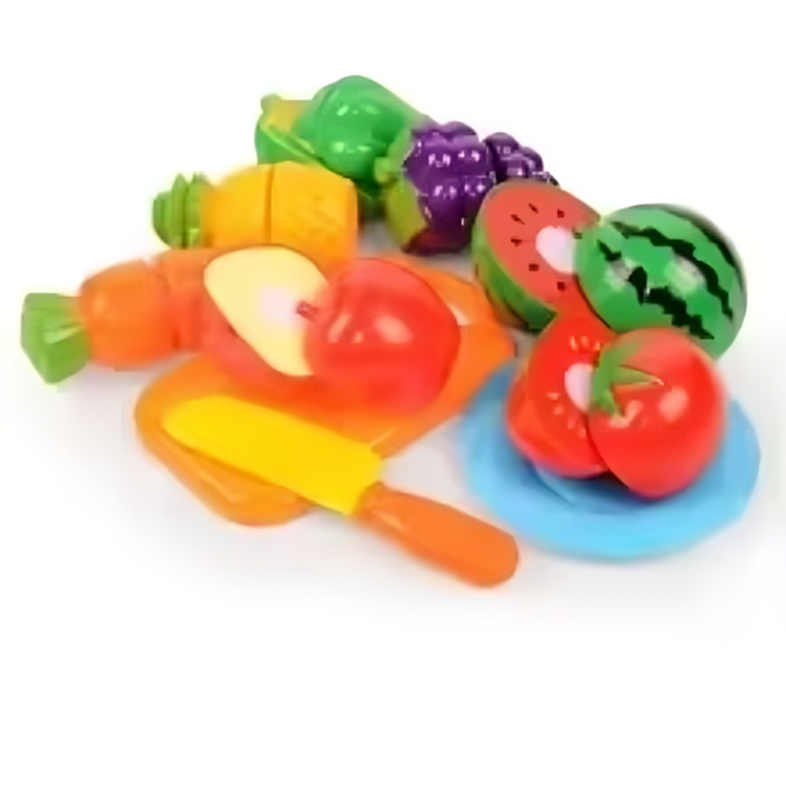 10-piece play food set with toy fruits and vegetables, a blue plate, cutting board, and knife