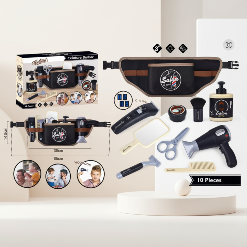 10-piece barber play set shown with its box, tool belt, and pretend styling tools