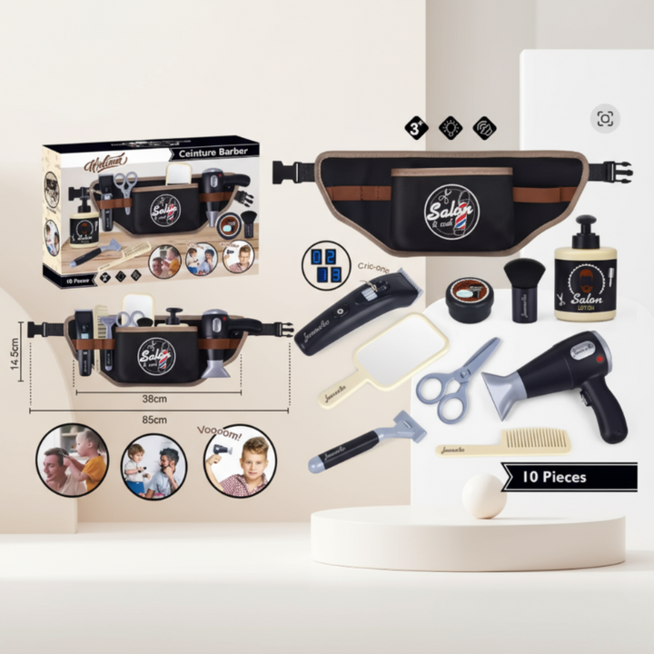 10-piece barber play set shown with its box, tool belt, and pretend styling tools