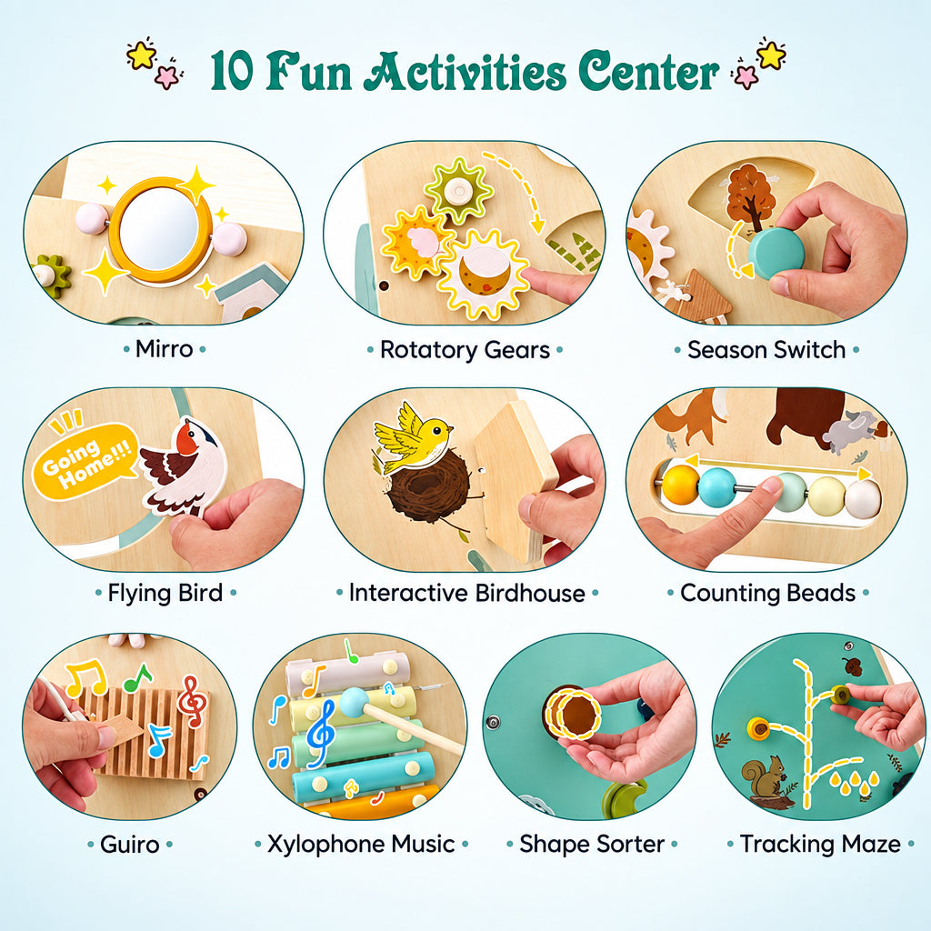 Ten walker activities, including a mirror, gears, counting beads, a guiro and a xylophone.