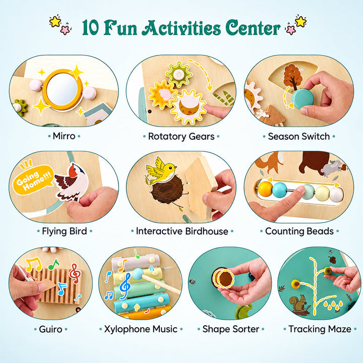 Ten walker activities, including a mirror, gears, counting beads, a guiro and a xylophone.