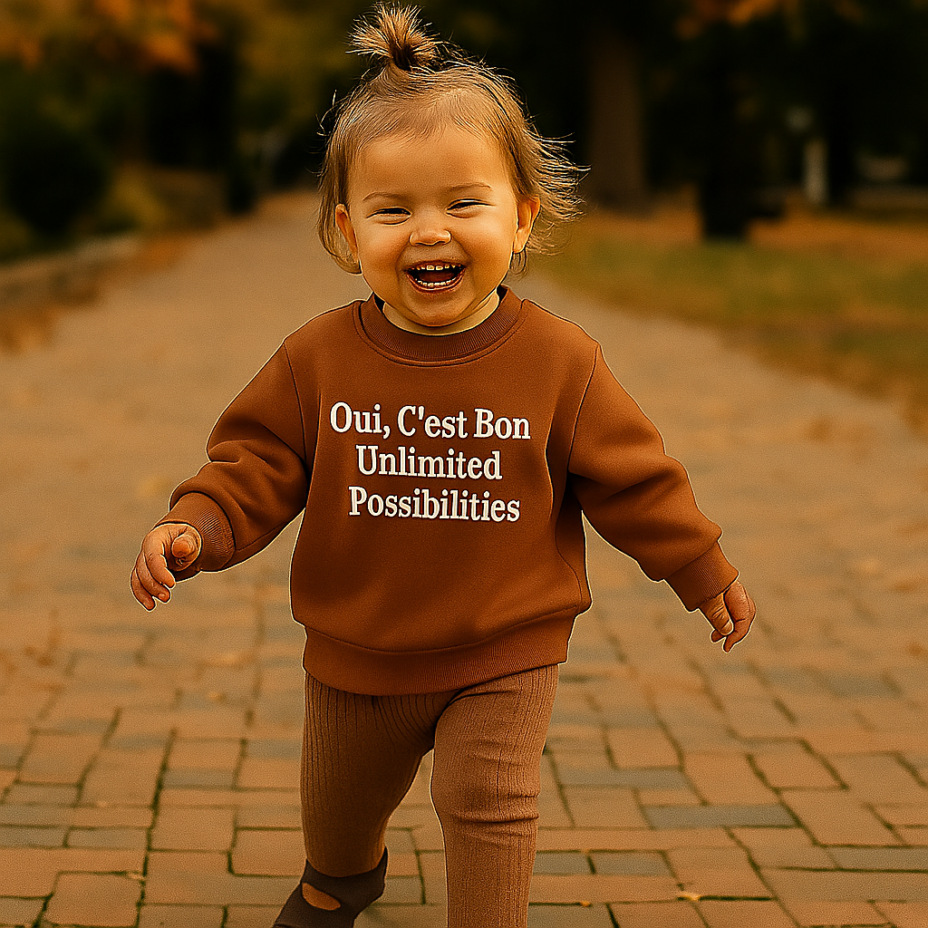 Child walking along a brick path in a terracotta sweatshirt and brown pants