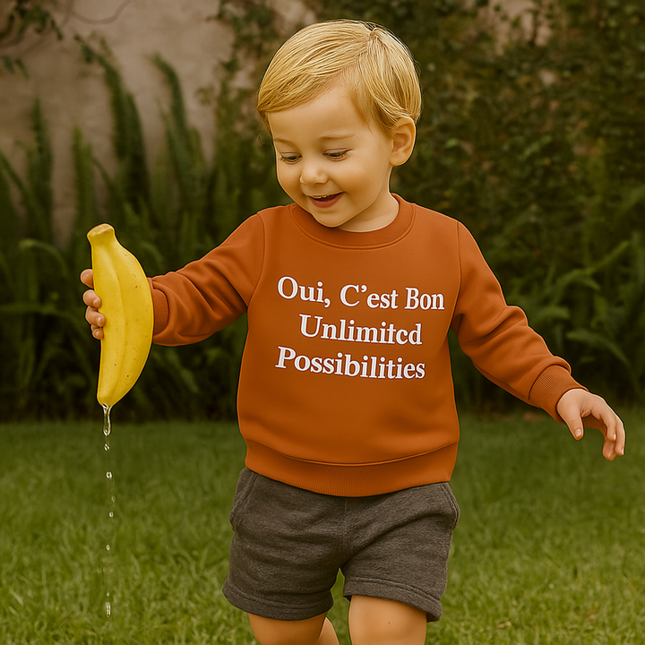Child wearing a terracotta text-print sweatshirt and gray shorts while playing outdoors