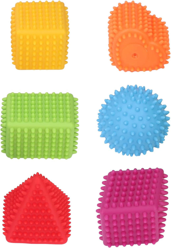 Six colorful rubber sensory toys with raised textures in round and geometric shapes