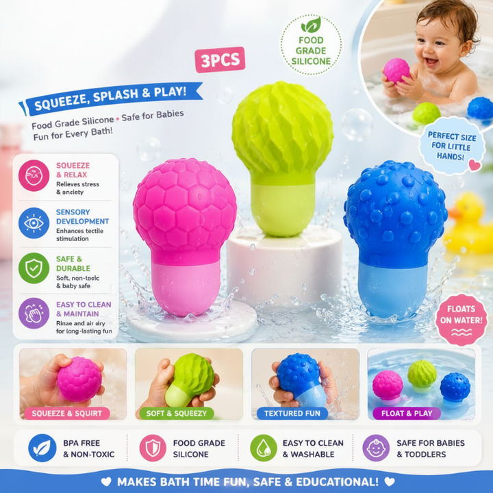Three colorful silicone bath squirters with close-ups of squeezing, textures, and water play