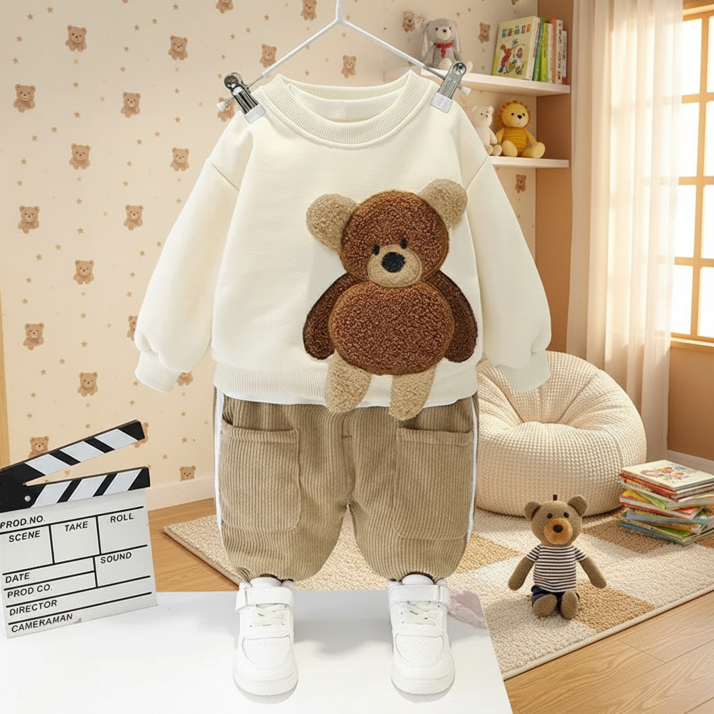 Cream sweater with a textured bear design and beige pants displayed on a hanger.