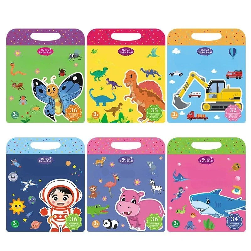 Six activity book covers in insect, dinosaur, vehicle, space, animal, and ocean themes
